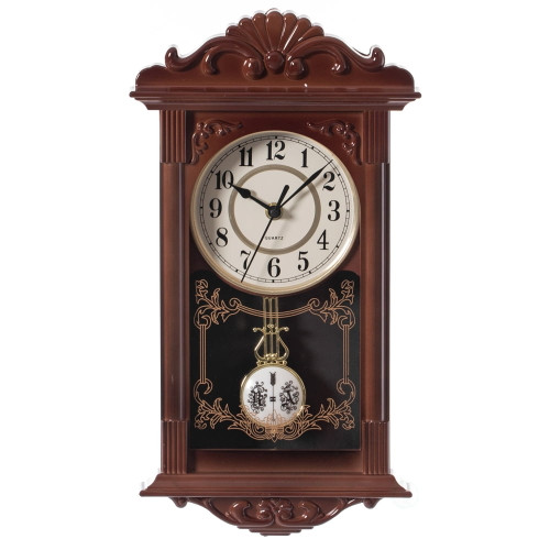 Vintage Grandfather Wood- Looking Plastic Pendulum Wall Clock For Living Room, Kitchen, Or Dining Room, Brown