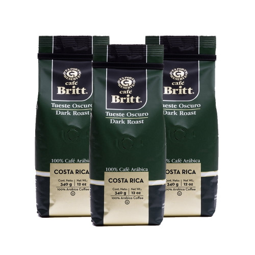 Café Britt® - Costa Rican Dark Roast Coffee (12 Oz.) (3-pack) - Whole Bean, Arabica Coffee, Kosher, Gluten Free, 100% Gourmet & Dark Roast (1 Year Shelf-life)