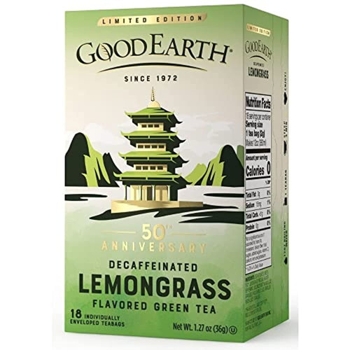 Good Earth Tea, Decaffeinated Lemongrass Green Tea, 50th Anniversary, 18 Tea Bags (pack Of 6)