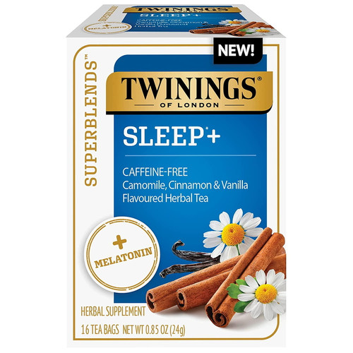 Twinings Of London Superblends Sleep + Melatonin, Camomile, Cinnamon & Vanilla Flavoured Herbal Tea, Caffeine-free, 16 Count (pack Of 6)