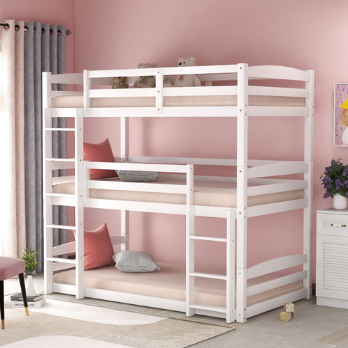Triple Bunk Bed For Kids, Wooden Twin Size Boys Girls Bed Frame With Guard Rail And Ladder, White 81.7"l X 43.2"w X 78.1"h