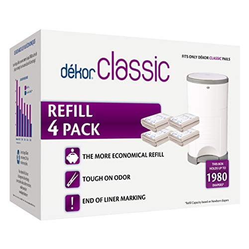 Dekor Classic Diaper Pail Refills | 4 Count | Most Economical Refill System | Quick & Easy To Replace | No Preset Bag Size - Use Only What You Need | Exclusive End-of-liner Marking | Baby Powder Scent