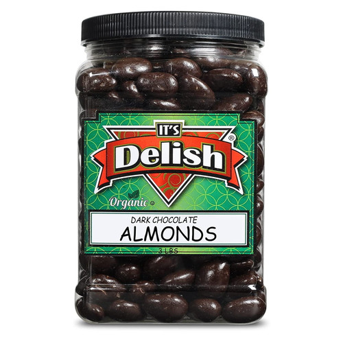 Organic Dark Chocolate Covered Almonds By Its Delish, 3 Lbs Jumbo Container  Gourmet Organic Dark Chocolate Almonds, Healthy Snacks Chocolate Fruit, Usa Made, Vegan, Kosher