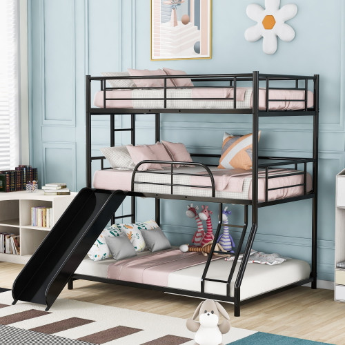 Triple Bunk Bed With Slide,twin Over Twin Over Full Triple Bunk Bed, Metal Triple Bunk Bed Frame With Long And Short Ladder And Full-length Guardrails For Kids Teens Adults (3 Beds In 1, Black)
