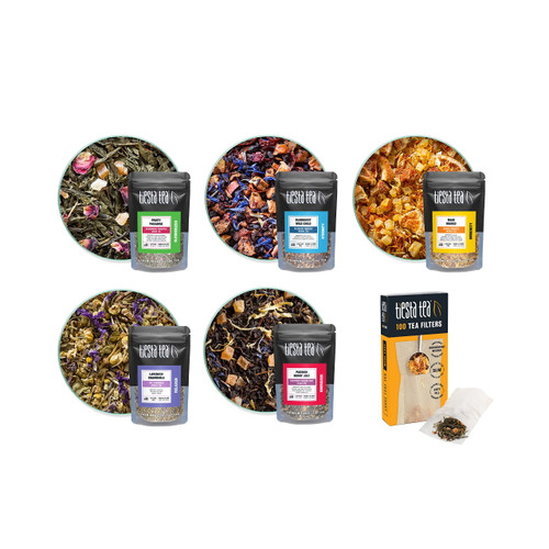 Tiesta Tea Loose Leaf Tea Starter Kit, Loose Leaf Tea Variety Pack With 100 Tea Filters, 7 Pack