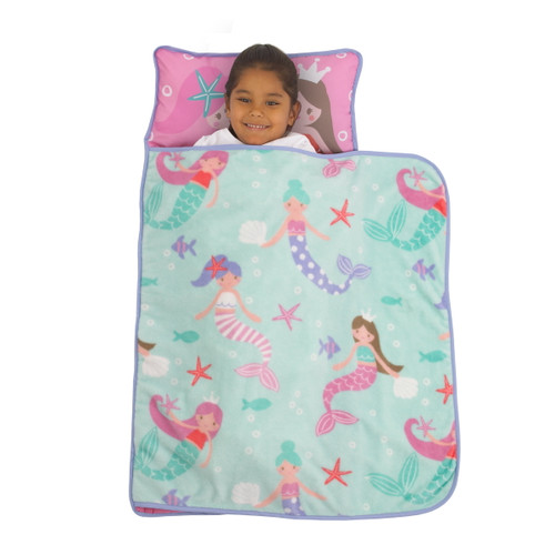 Everything Kids Pink And Aqua Mermaid Toddler Nap Mat With Attached Pillow And Blanket, Preschool Girl