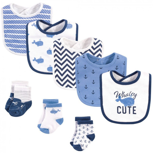 Hudson Baby Infant Boy Cotton Bib And Sock Set 8pk, Whaley Cute, One Size