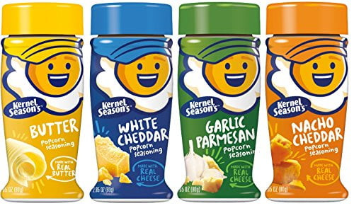 Kernel Season's Popcorn Seasoning 4 Flavor Variety Bundle: (1) Kernel Season's White Cheddar Popcorn Seasoning, (1) Kernel Season's Nacho Cheddar Popcorn Seasoning, (1) Kernel Season's Garli