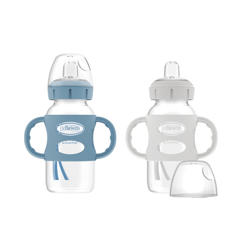 Dr. Brown’s Milestones Wide-neck Transitional Sippy Bottle With Silicone Handles 9oz 270ml 6m+ Light Blue And Gray 2-pack