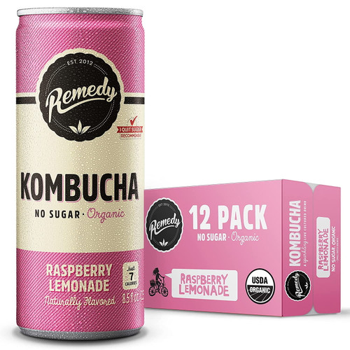 Remedy Raw Organic Kombucha Tea - Sparkling Live Cultured Drink - Sugar Free Raspberry Lemonade - 8.5 Fl Oz Can, 12-pack