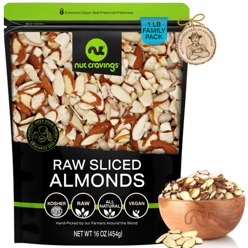Natural Sliced Almonds, Raw, Premium (16oz - 1 Lbs) By Nut Cravings