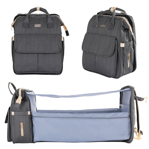 Lamberia Diaper Bag Backpack Portable Baby Bag For Boys & Girls With Foldable Baby Bed, Gray