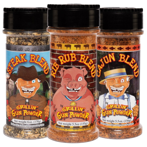 Grillin' Gunpowder Seasoning Pack Bbq 5.5oz, Steak 6.0oz, Cajun 5.5oz Low Sodium