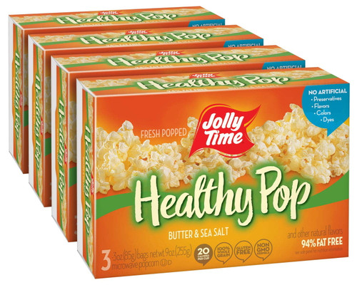 Jolly Time Healthy Pop Butter | Low Calorie Lightly Buttered Microwave Popcorn - Whole Grain 94% Fat Free Snack For Adults (3-count Box, Pack Of 4)