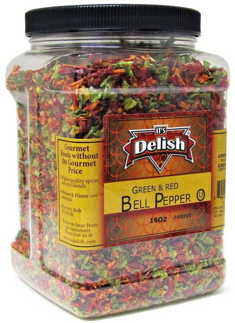 Dehydrated Dried Red And Green Bell Peppers Mix By It's Delish -  16 Oz 1 Lb Jumbo Reusable Container - Sealed To Maintain Freshness - Chopped & Dried Vegetable Spice Seasoning