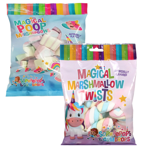 Magical Poop & Twist Unicorn Marshmallows 3.53-oz. Bag Swirled Rainbow Colors For Snacking Kid's Movie Nights Halloween Trick Or Treats, Goody Fillers, Stocking Stuffers & Birthday Party Favor 2 Packs