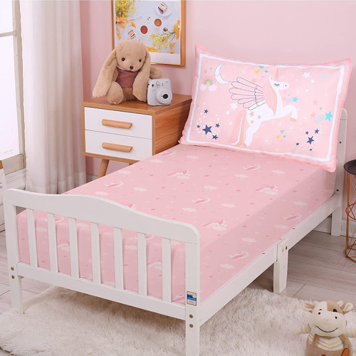 Jisen Microfiber Toddler Bedding Set Include Toddler Fitted Sheet And Pillowcase Girls Pink Unicorn