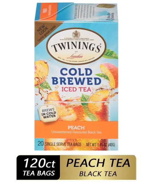 Twinings Cold Brew Peach Iced Black Tea Bags, 120 Ct (6 Boxes Of 20)