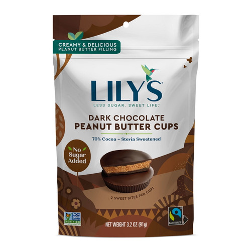 Lily's Dark Chocolate Style No Sugar Added Peanut Butter Cups, Gluten Free, Bulk, 3.2 Oz, Bags (12 Count)