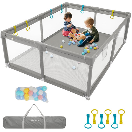 Heao Baby Playpen, Extra Large Playard With 30pcs Pits Balls, Light Grey