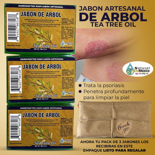 Jabón De Árbol De Té En Barra Pack De 3, Tea Tree Oil, Trata La Psoriasis, Therapeutic Skincare, All Skin Types,  Moisturizes Face And Body, Tea Tree Oil Bath Bar Soap Handmade Natural De Mexico