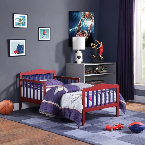 Goory Wooden Toddler Bed Headboard Sturdy Children Beds With Fence Modern Platform Space-saving Home Bedroom Red Blue