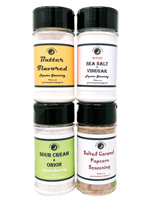 Popcorn Seasoning | Variety 4 Pack | Sea Salt & Vinegar Popcorn Seasoning | Salted Caramel Popcorn Seasoning | Sour Cream & Onion Popcorn Seasoning | Butter Flavor Popcorn Seasoning | Shakers