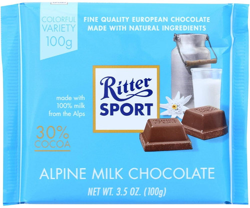 Ritter Sport Chocolate Bar - Milk Chocolate - 30 Percent Cocoa - Alpine - 3.5 Oz Bars - Case Of 12