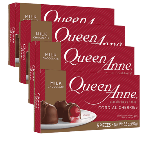 Queen Anne Milk Chocolate Covered Cordial Cherries 3.3oz. - Cherry Enrobed With Smooth Milk Chocolate For Snacks Dessert Halloween Trick Or Treat Basket Stuffers Christmas Gift & Party Favor 4 Packs