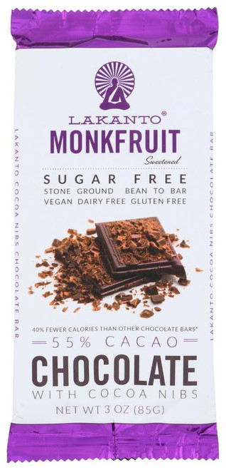 Lakanto 55% Cacao Sugar Free Monkfruit With Cocoa Nibs Chocolate Bar, 3 Oz (pack Of 8)