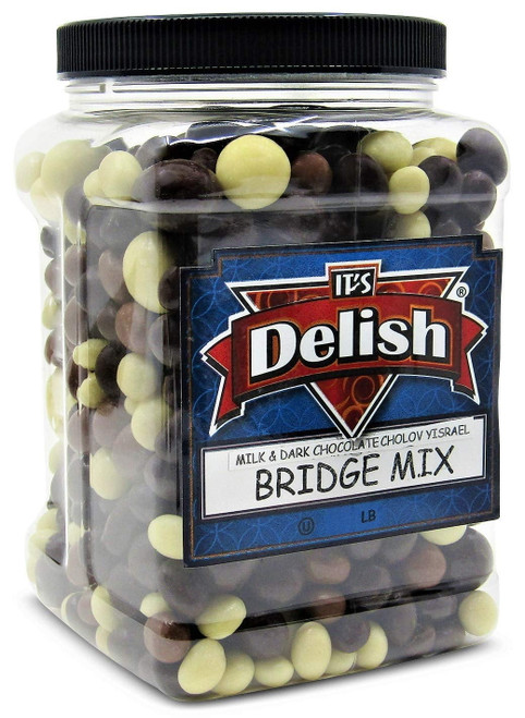 Gourmet Chocolate Bridge Mix Medley By Its Delish ,  3 Lbs Jumbo Reusable Container - Dark, Milk, And White Kosher Dairy Chocolate Covered Peanuts, Almonds, Raisins, Espresso Beans, Cashews,...