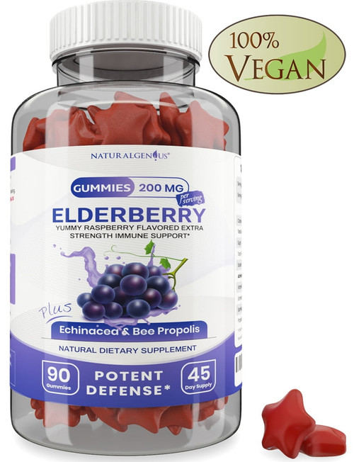Natural Genius Black Elderberry Gummies With Vitamin C, Echinacea & Bee Propolis, Immune Booster For Kids & Adults 90 Ct