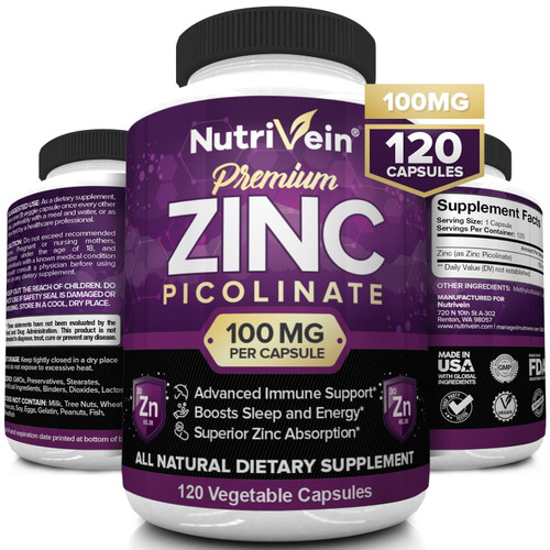 Nutrivein Premium Zinc Picolinate 100mg - 120 Capsules - Immunity Defense Boost