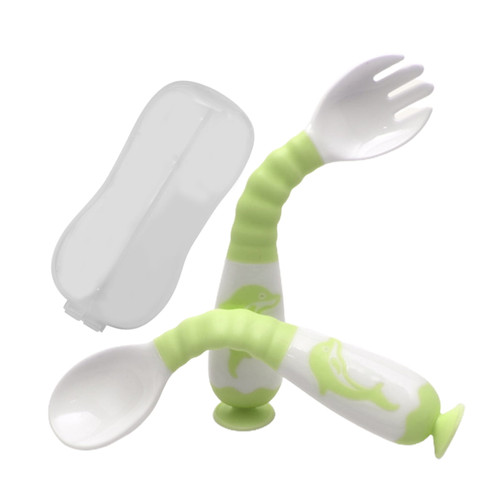 Opolski 1 Set Portable Training Tableware Suction Cup Bottom Bending Handle Bpa Free Infant Training Feeding Spoon Fork Set For Infant