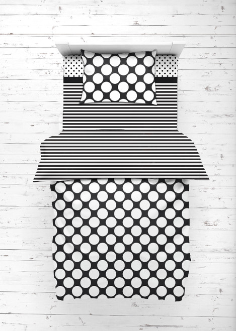 Bacati - Dots/pin Stripes 4-piece Toddler Bedding Set 100% Cotton Percale, Black/white