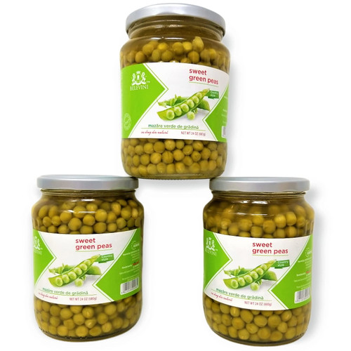 Belevini Sweet Green Peas Fresh Vegetable, Country Style, Vegan And Gluten Free With No Sugar Added 24 Oz, Pack Of 3