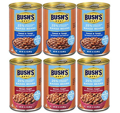 Bush's Best Baked Beans, 15.7 Oz, 25% Less Sugar And Sodium Variety Pack, 3 Sweet & Tangy, 3 Brown Sugar Baked Beans, 1 Ct