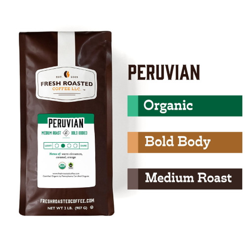 Fresh Roasted Coffee, Organic Peruvian Coffee, Medium Roast, Whole Bean, 32 Oz