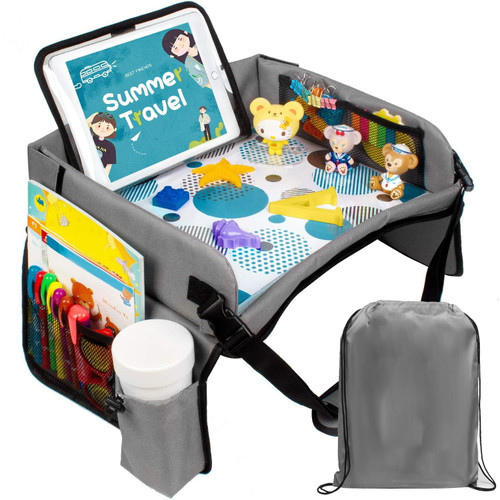 Husfou Car Seat Tray Organizer Kids Travel Tray Toddlers Car Seat Activity Snack Play Tray Desk For Stroller, Airplane, Ipad & Tablet Holder, Storage For Toy, Snacks, Water Bottle Holder (gray)