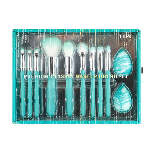 Premium Classic Makeup Brush Gift Set With Blenders, Turquoise, 11 Piece Set