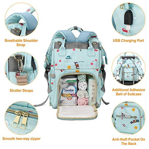 Szlx Waterproof Stroller Straps Included Large Capacity Zipper Pockets Insulated Pockets Backpack Diaper Bags, Blue