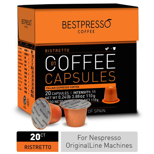 Bestpresso Coffee Espresso Ristretto Blend Coffee Capsules, High Intensity, 20 Count For Nespresso Originalline Machines