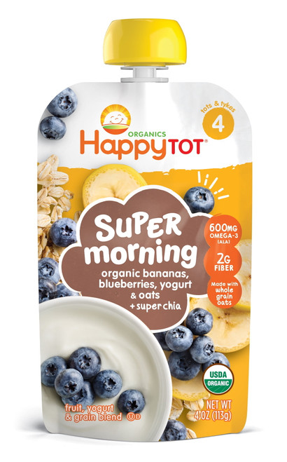 Happy Tot Organic Toddler Baby Food, Bananas Blueberries Yogurt & Oats + Super Chia, 4 Oz Pouch, Each