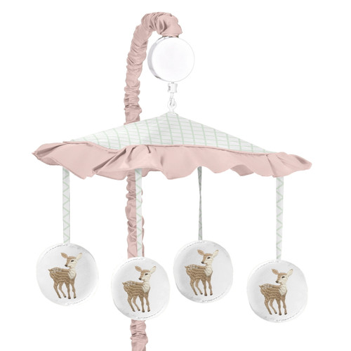 Blush Pink, Mint Green And White Boho Musical Baby Crib Mobile For Woodland Deer Floral Collection By Sweet Jojo Designs