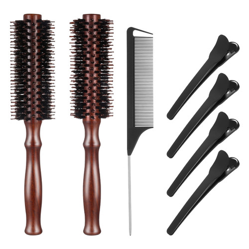 Taihexin 7 Pcs Round Bristle Hairbrush, Professional Large Hot Curling Hair Brush With Comb And Sectioning Clips, Natural Wooden Blow Dry Brush Anti Static Hairbrush For Hair Styling