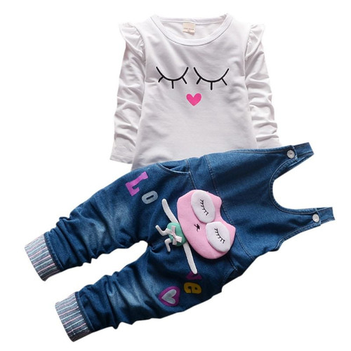 Funcee 1-3y Girls' Autumn Cotton Shirts + Denim Bib Set Causal Clothes