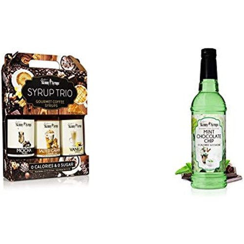 Jordans Skinny Mixes | Classic Coffee Syrup Trio | Sugar Free 3 Pack | Salted Caramel, Vanilla, Mocha | (3) 12.7 Oz Bottles & Sugar Free Mint Chocolate Chip Syrup, 25.4 Fl Oz Bottle