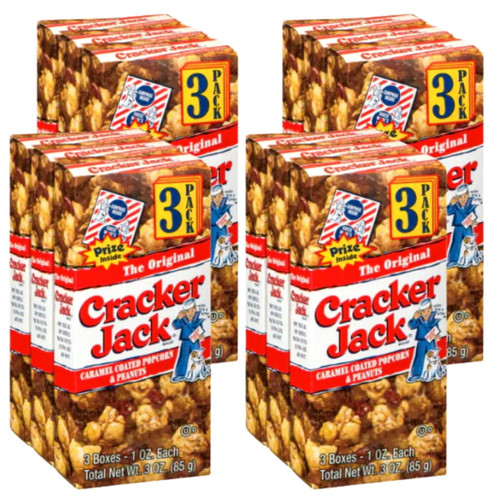 Ns (12 Total Boxes) Cracker Jack Original 3-pack, Caramel Popcorn With Peanuts 1oz. Boxes 100% Whole Grain Fluffy & Crunchy With Sweet Coating Kernel Corn Midnight Movie Nights Party Snack Set Of 4-