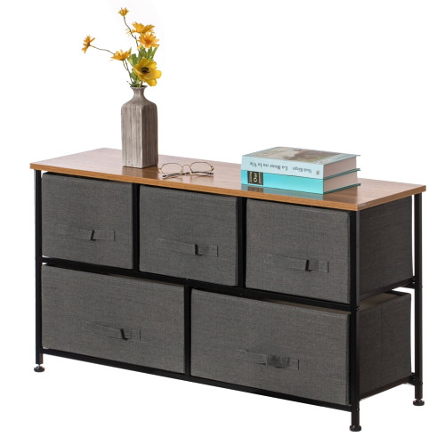 Charcoal Gray Five Fabric Storage Drawer Unit, Wooden Top Dresser Tower,  2 Sizes Bins