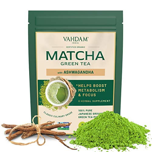 Vahdam, Organic Ashwagandha Matcha Green Tea Powder | 100 % Organic Pure Japanese Matcha | Low Calorie Matcha With Spices | Keto Friendly, Vegan | Boosts Energy & Relieves Stress | 1.06oz (1